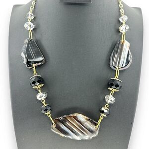 Statement Necklace Glass Marble Flat & Round Beads over Gold Tone Chain 20-21.5”